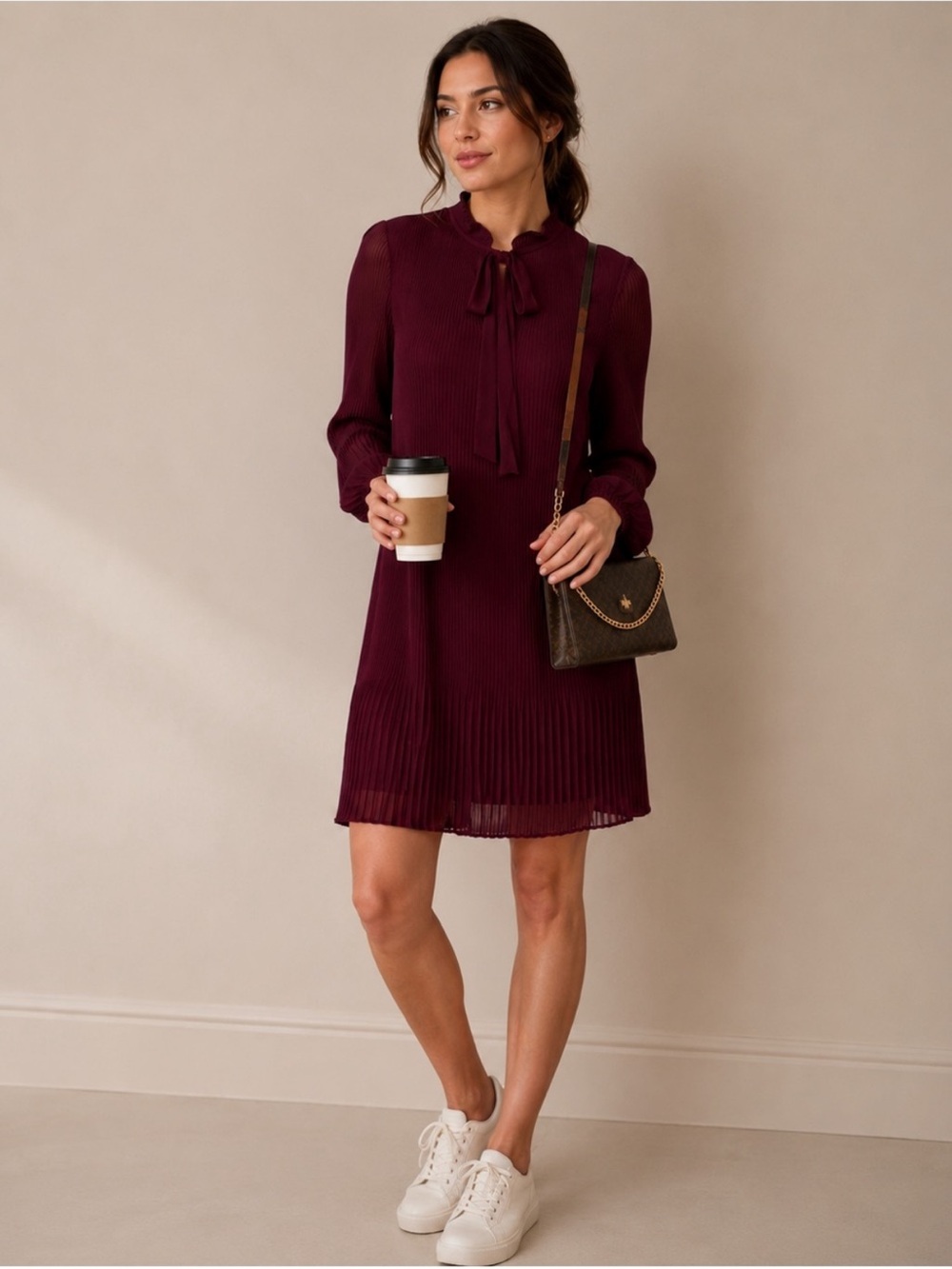 DKNY Long Sleeve Tie Neck Pleated Shift Dress mini burgundy red